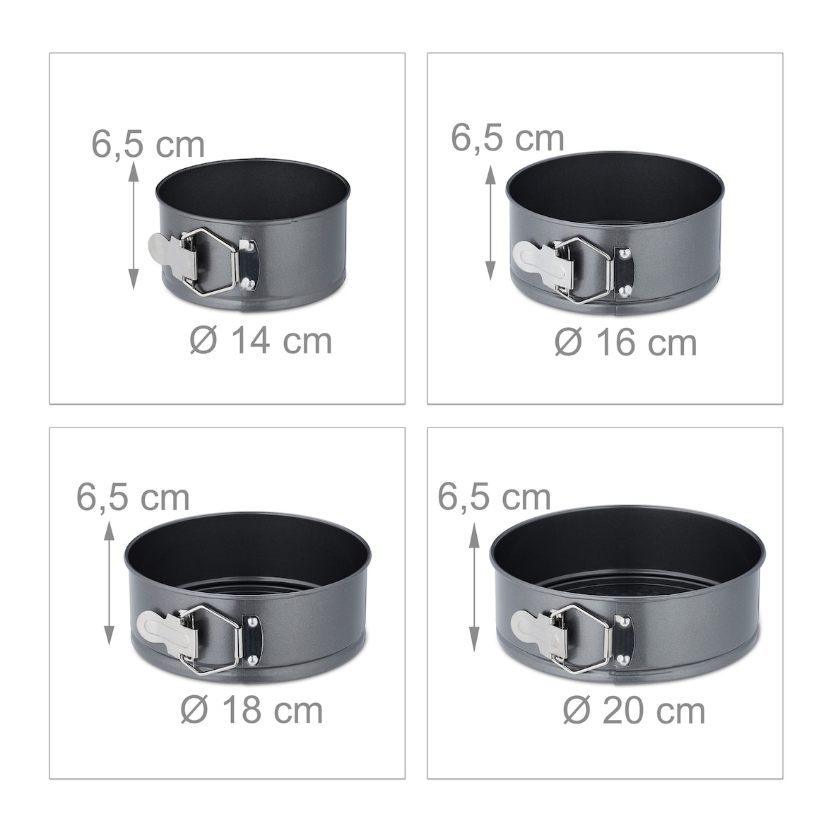 Relaxdays Springform Set, 7-tlg., runde Backformen, Ø 14/16/18/20/24/26/28 cm, Edelstahl, Antihaft Kuchenform, anthrazit
