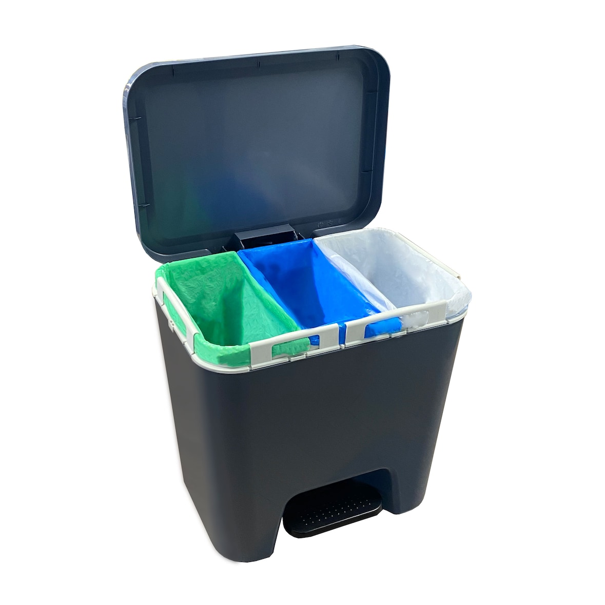 Cubo de basura para reciclar con hasta 3 compartimentos. Ecológico de 45 litros. Color gris antracita.