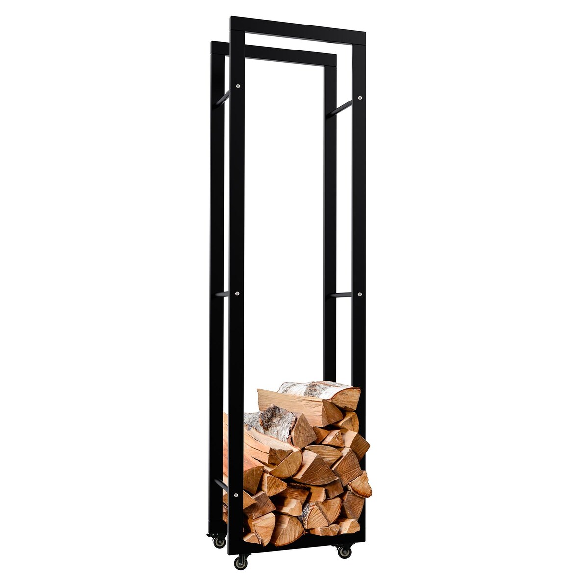DELUKE® Kaminholzregal innen Metall SATLO mit Rollen Brennholzregal innen Kaminholzständer Kaminholzhalter Feuerholzregal Schwarz, 25x40x150cm
