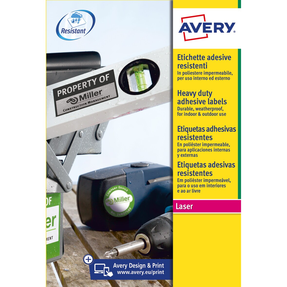 Avery etichette adesive resistenti in poliestere bianco - adesivo permanente - 210x297mm - 1 etichetta per foglio - 20 fogli - stampa laser