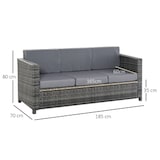 thumbnail of Garten-Loungesofa 3-Sitzer aus Rattan in Grau, mit Armlehnen und Kissen, wetterbeständig, 185x70x80 cm