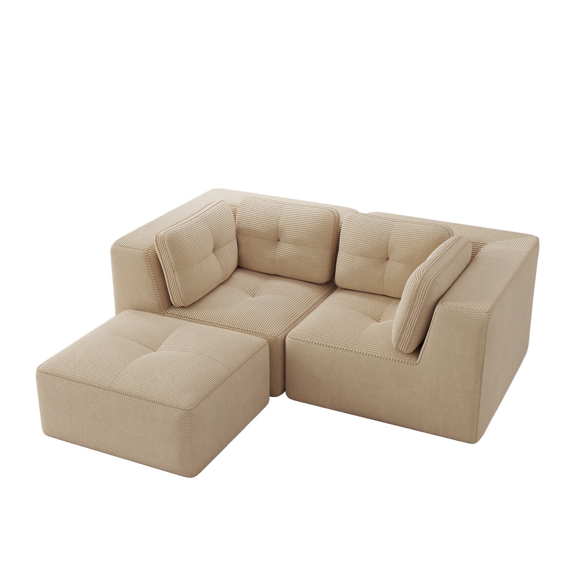 Merax 2-Sitzer Modulares Sofa mit Hocker, Cloud Sofa Cord rahmenlos, Lounge Sofa bodennah, mit breiten Armlehnen, Beige
