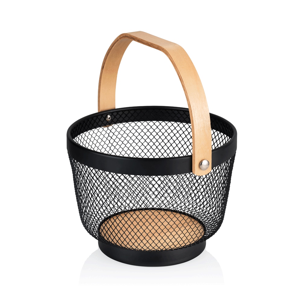 Metalen mand ijzer zwart met poedercoating Buffetmand hoekig met houten handvat