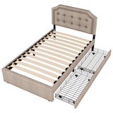 thumbnail of Polsterbett 90x200 mit Stauraum, Einzelbett mit zwei Schubladen, verstellbarer Nachttisch, gepolstertes Bettgestell Beige+Braun
