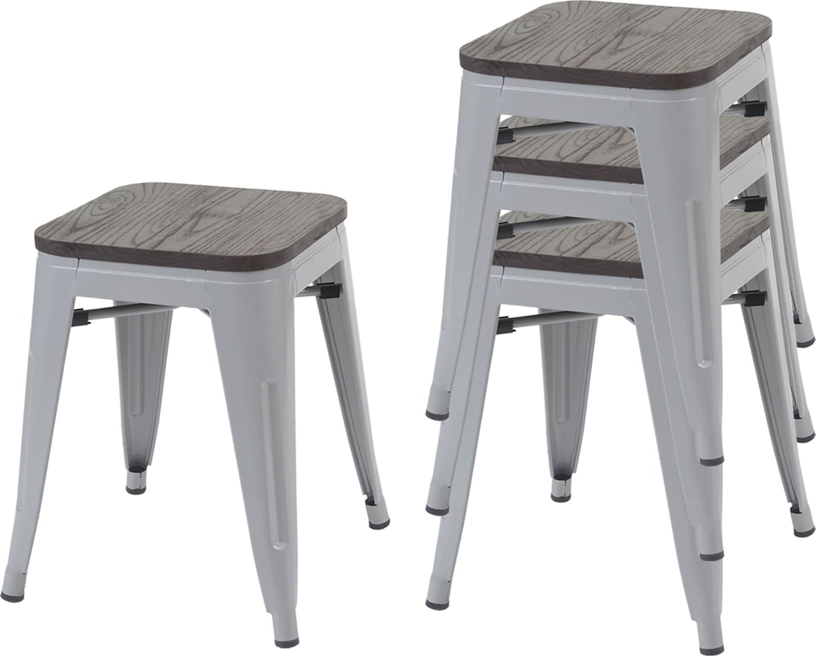 4er-Set Hocker inkl. Holz-Sitzfläche | Metall, Industriedesign, stapelbar | Grau | Metallhocker Sitzhocker