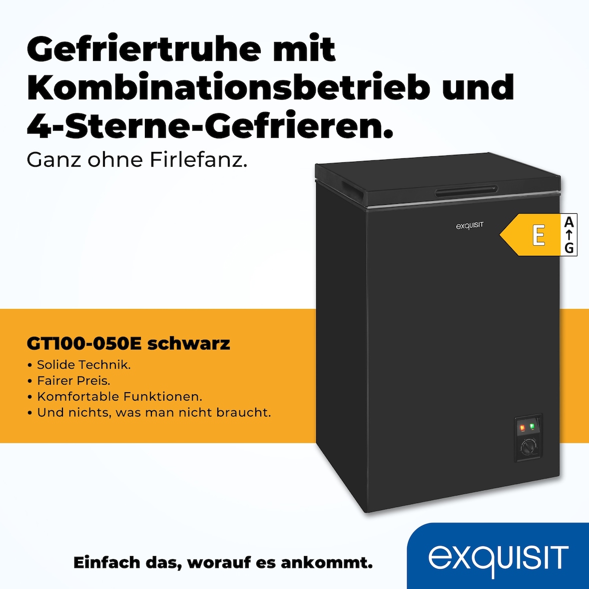 Exquisit Gefriertruhe, Kombigerät, 2-in-1, 99 Liter, Tiefkühltruhe, Kühlen, 4-Sterne-Gefrieren, Gefrierkorb, GT100-050E schwarz