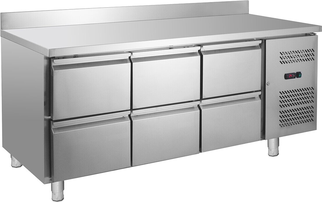 GastroHero Kühltisch Edelstahl GN 1/1 mit Aufkantung 6 Schubladen Umluftkühlung -2 °C bis +8 °C 230 V Profi Gastronomie 1795x700x850 mm