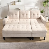 thumbnail of Multifunktionales L-Form Sofa mit Hocker, LED-Beleuchtung, USB-Anschluss, Chenille-Stoff, 500 kg belastbar, Gesamtgröße 185x135x85 cm, Beige