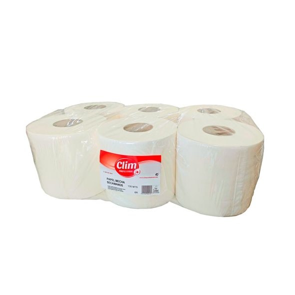 Papel secamanos mecha doble capa. Pack 6 rollos con Certificado Ecolabel
