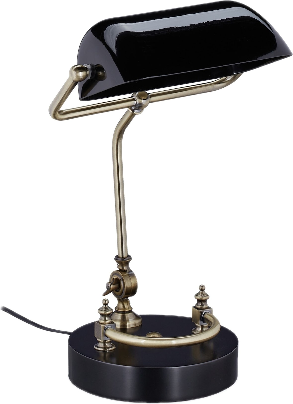Relaxdays Bankerlampe, Glasschirm, Holzfuß, neigbare Bibliothekslampe, E27-Fassung, Schreibtischlampe Retro, schwarz