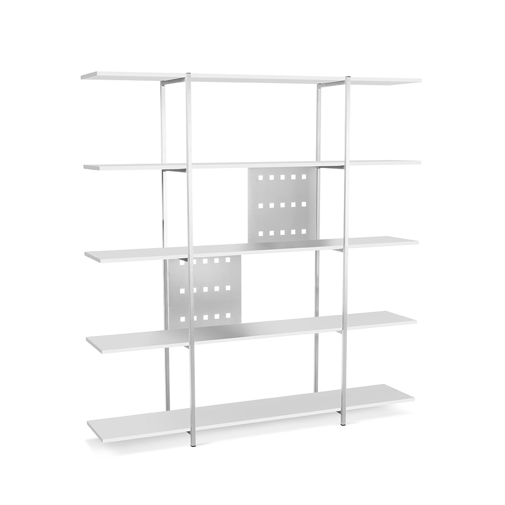 Estante de design aberto com 5 níveis em cor branca e estrutura em branco