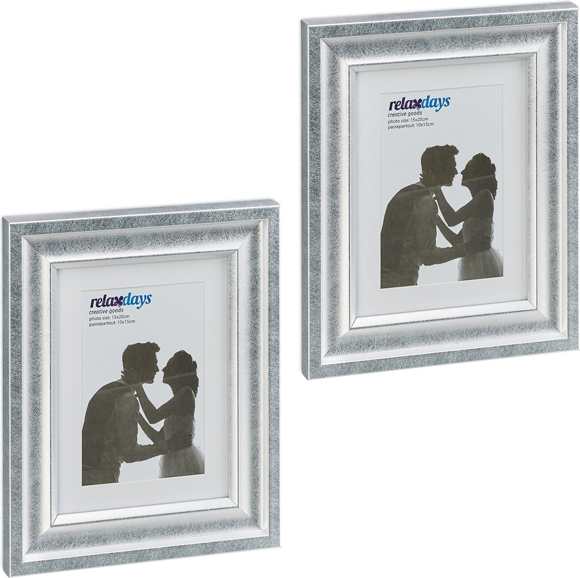 Relaxdays Bilderrahmen 2er Set, 15x20 cm, Hoch- & Querformat, Fotorahmen zum Aufhängen, Hinstellen, Passepartout, silber