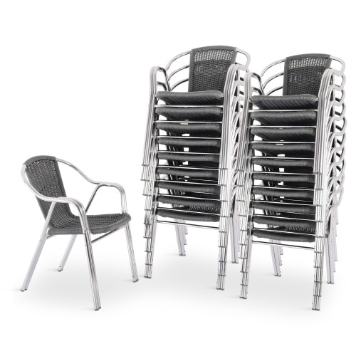 Bistrostuhl 20er-Set, Outdoor-Stapelstuhl mit Armlehnen, Polyrattan, in Dunkelgrau, stabiles Alugestell, Raburg Vita