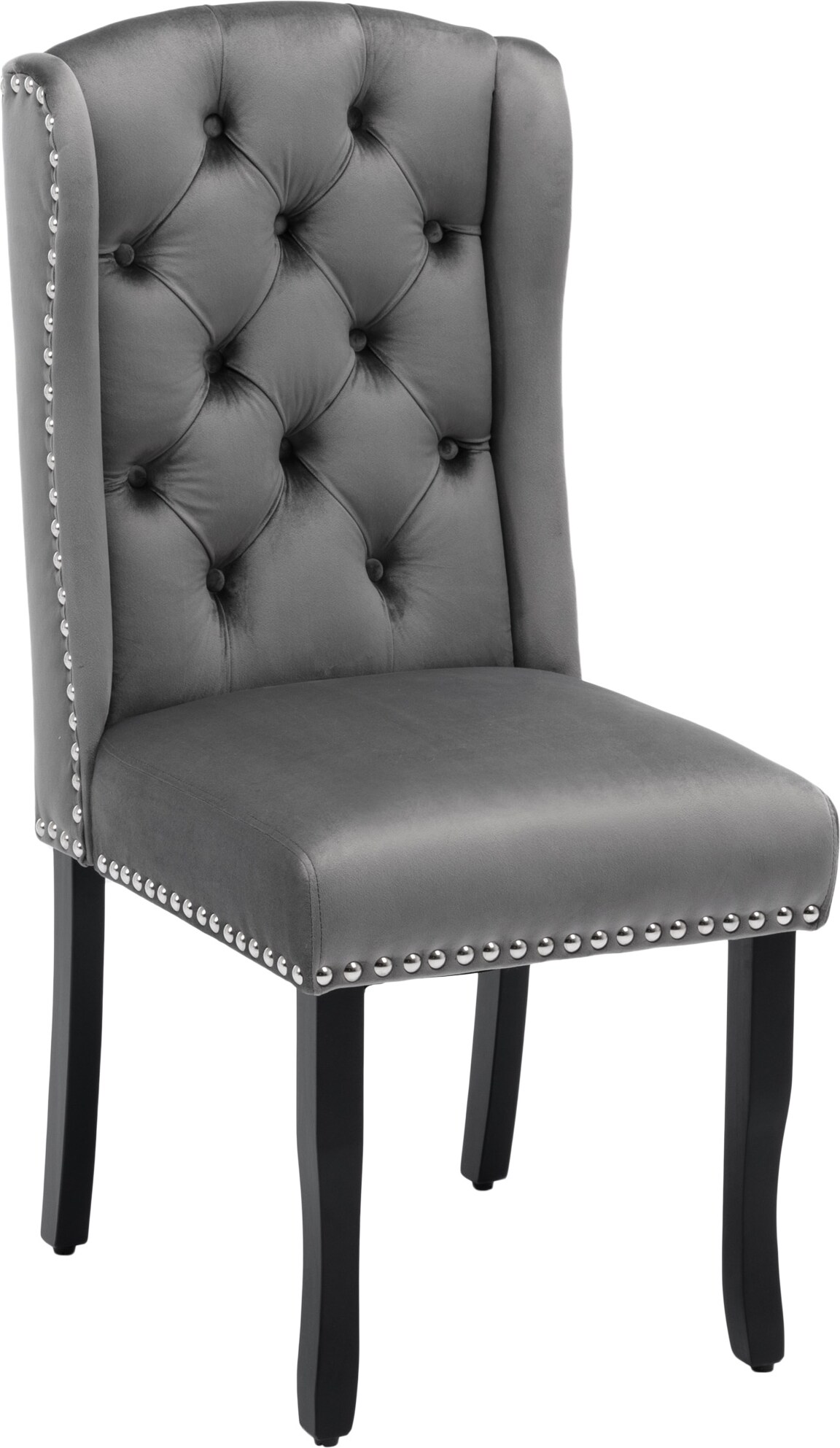 Esszimmerstuhl 2er Set Samt Grau 100x61x45 cm mit Eichenbeinen Knopfheftung Nieten Chromgriff, moderner Polsterstuhl für Küche und Wohnbereich