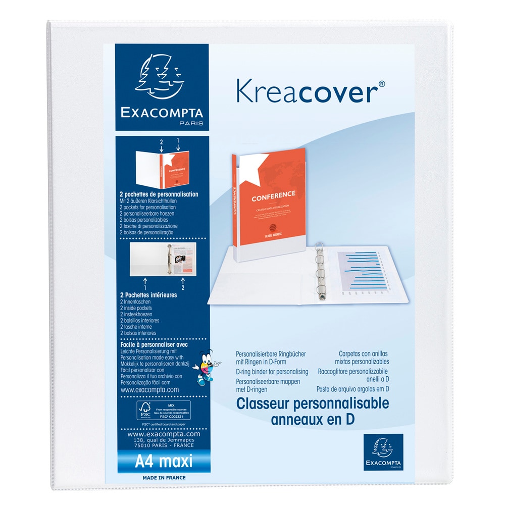 Exacompta Personalisierbares Ringbuch aus PP 1,9mm, 4 Ringe 40mm, Rücken 64mm, 2 äußere Klarsichthüllen, 32x28,5cm für DIN A4 Überbreite - Kreacover