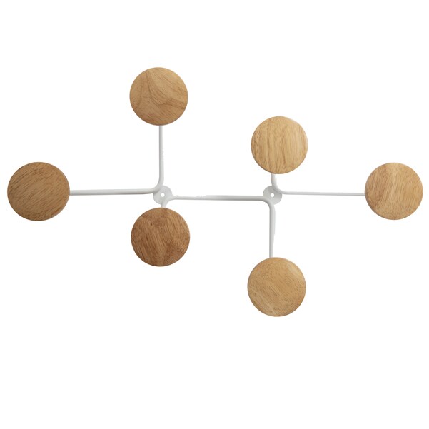 Patère murale Six, 6 têtes, en acier et bois, coloris blanc/bois