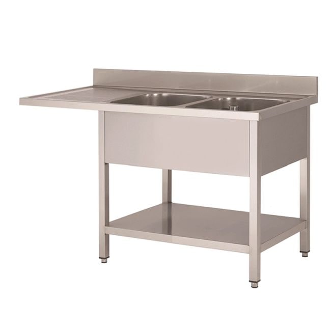Gastro-Inox Spültisch 2 Becken rechts ¾ Grundboden aus Edelstahl 1600x700x880mm