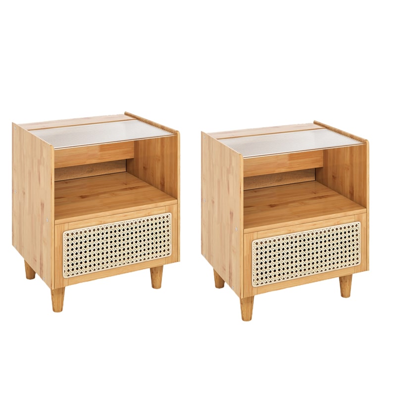 COSTWAY Comodino in rattan, set di 2, comodino in bambù con cassetto, tavolino con piano in vetro e vano aperto