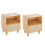 thumbnail of COSTWAY Comodino in rattan, set di 2, comodino in bambù con cassetto, tavolino con piano in vetro e vano aperto