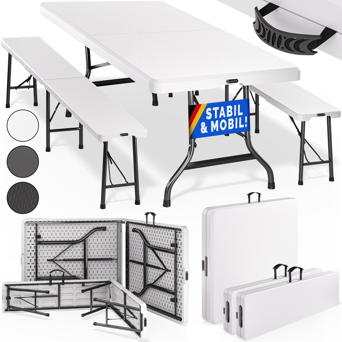 Casaria Bierzeltgarnitur 180 cm Klappbar Kunststoff Campingtisch 2x Campingbank Festzeltgarnitur Weiß 3 tlg