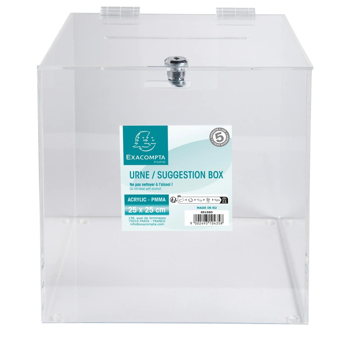 EXACOMPTA Urna trasparente con lucchetto per votazioni, cod. 89158D in PMMA (acrilico) trasparente, resistente ai raggi UV. Dimensioni 25x25x25 cm