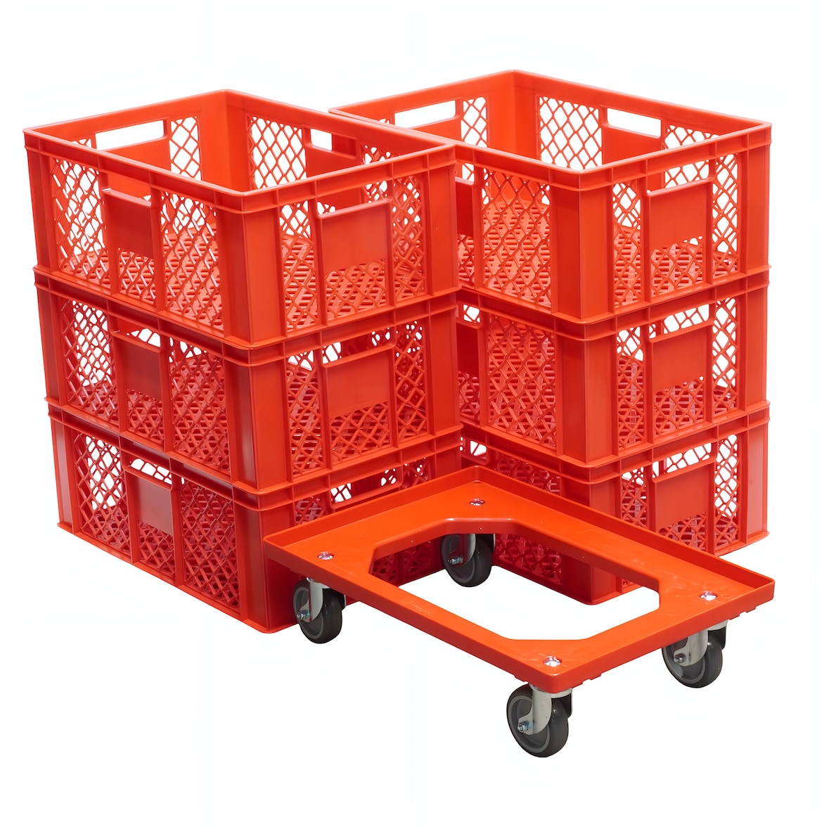 6 Stück Bäckerkisten 600 x 400 x 230 mm + 1 Transportroller in Rot