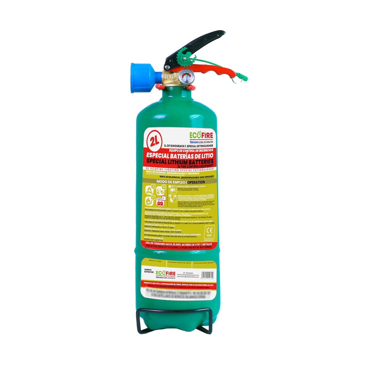 ECOFIRE Equipo Extinción de Fuegos ABFL, 2 litro, Apaga Baterías Litio, Ecológico