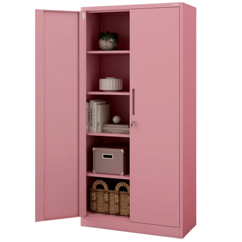 DELUKE Aktenschrank abschließbar KADO - 5 Ebenen, Flügeltüren | Metallschrank Werkstatt Büroschrank aus Stahl Werkzeugschrank, 195x90x40cm Rosa