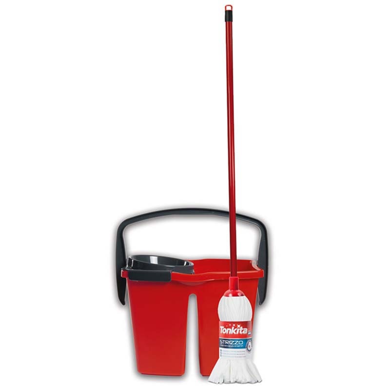 Tonkita set lavapavimenti completo plastica 130 cm con manico rosso e mocio microfibra bianco