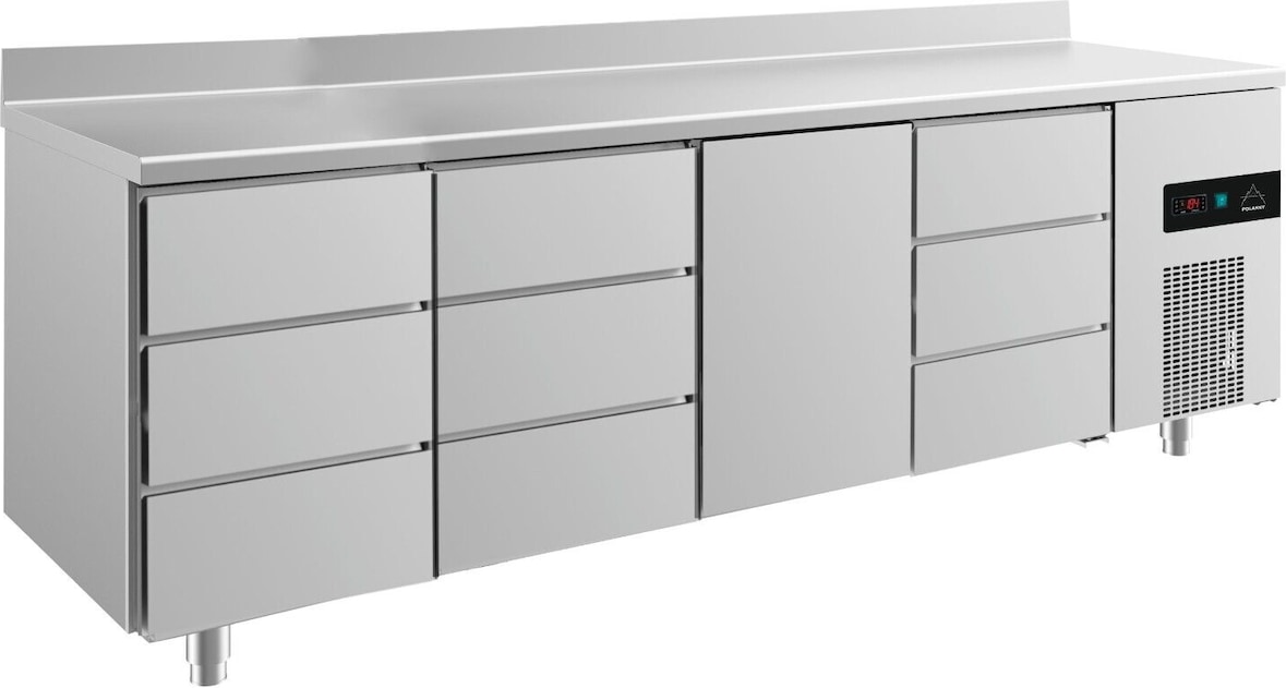 Gastro Kühltisch 1 Tür mittig 9 Schubladen Umluftkühlung Aufkantung, 2330x700x850mm -2/+8°C 632l
