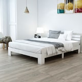thumbnail of Bett 140x200 cm aus massivem Holz mit Lattenrost – rustikales Design in Weiß, stabil, mit 30 cm Stauraum unter dem Bett, ideal für kleine Räume