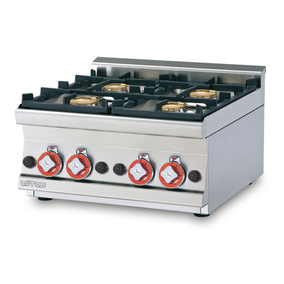 Piano cottura 4 fuochi con fiamma pilota. Struttura in acciaio Inox. Misura cm 60x60 h28. Modello PCT-66G