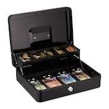 thumbnail of Relaxdays Geldkassette abschließbar, Münzeinsatz & 4 Scheinfächer, Geldkasse Eisen, HxBxT: 8,5 x 30,5 x 24,5 cm, schwarz