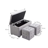 thumbnail of HOMCOM Panca Portaoggetti Set di 3 Pezzi con 2 Sgabelli Pouf in Velluto, Grigio Perla