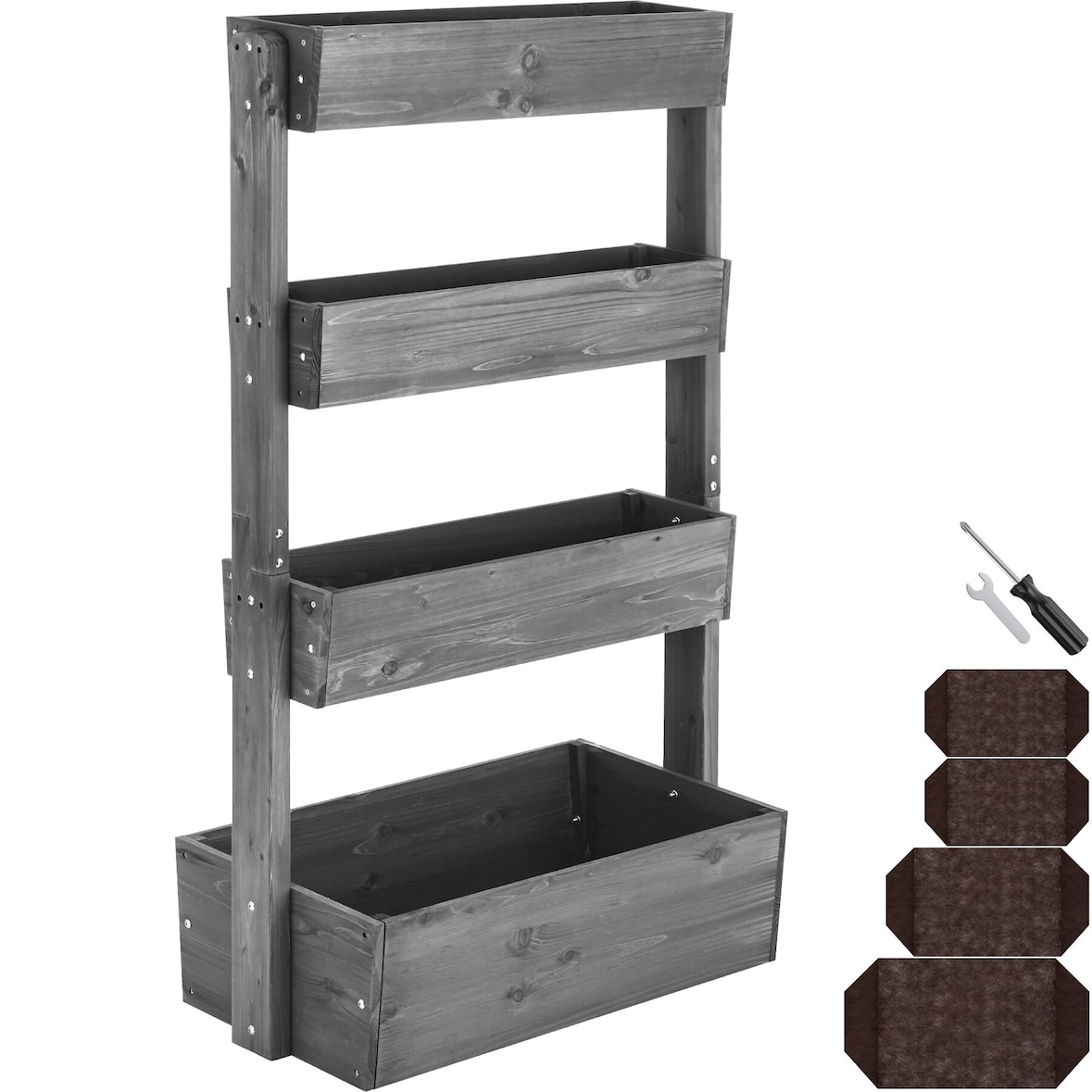 tectake Vertikalbeet Flora, lackiertes Holz, inkl. Pflanzvlies - 85 x 45 x 140 cm grau