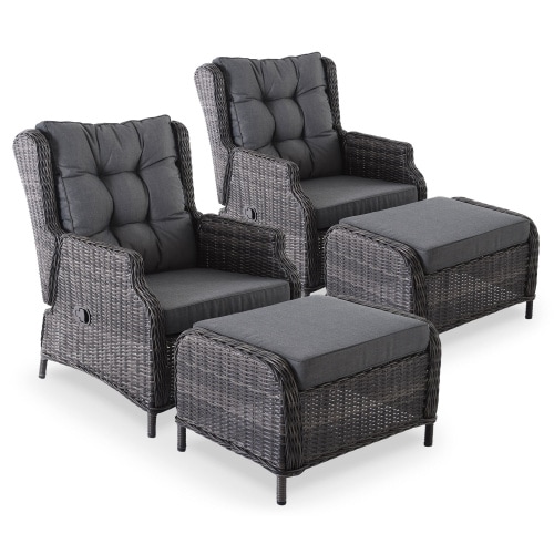 Gartenstuhl 2er-Set mit Relaxfunktion, mit Hocker, Braun/Dunkelgrau, inkl. Polster, 130 kg Belastbarkeit, pflegeleicht | Raburg Sophia