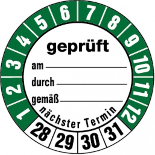 Dreifke® Aufkleber | Prüfetiketten geprüft am... durch... gemäß..ab 28 weiß/ - 35 mm Folie selbstklebend, 10 St