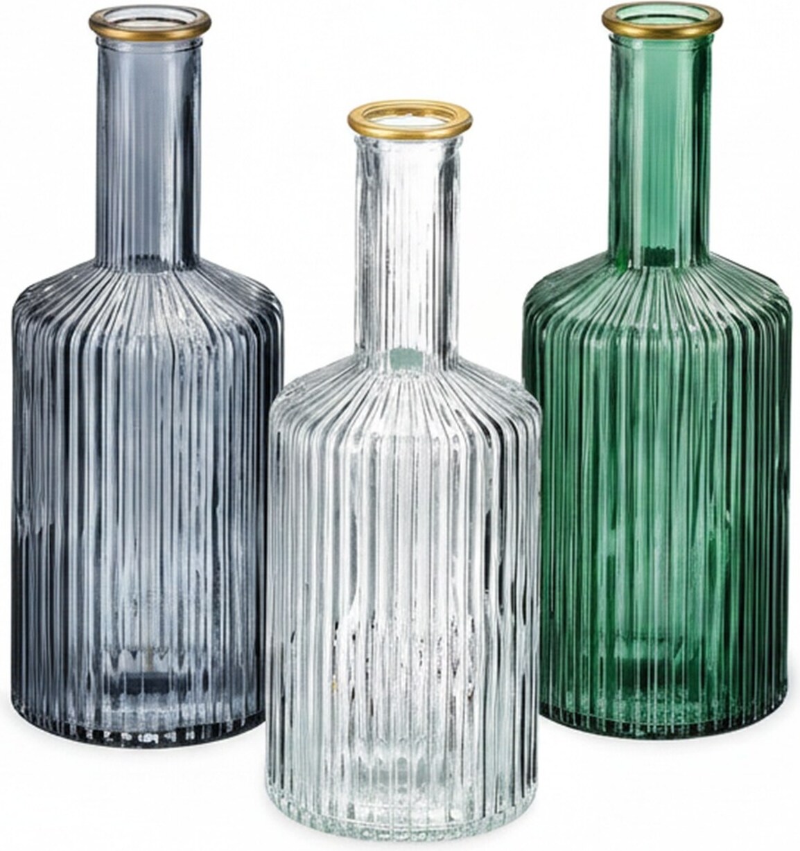 Relaxdays Vasen aus Glas, im 3er Set, Blumenvasen in Flaschenform, H x D: 20,5 x 8 cm, Dekovasen gerillt, mehrfarbig