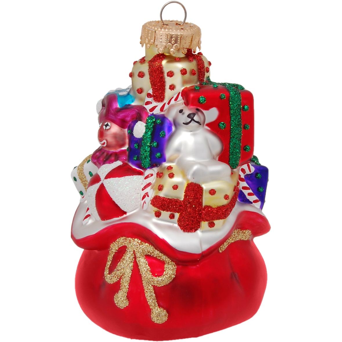 Multicolor 10cm Weihnachtsmannsack mit Jutesack, Glasornament, mundgeblasen und handdekoriert
