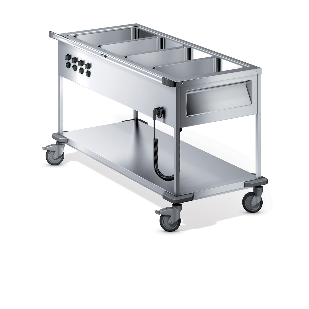 B.PRO SAW L-4, Speisenausgabewagen aus rostfreiem Edelstahl 4 Einzelbecken mit Temperaturregler, fahrbar