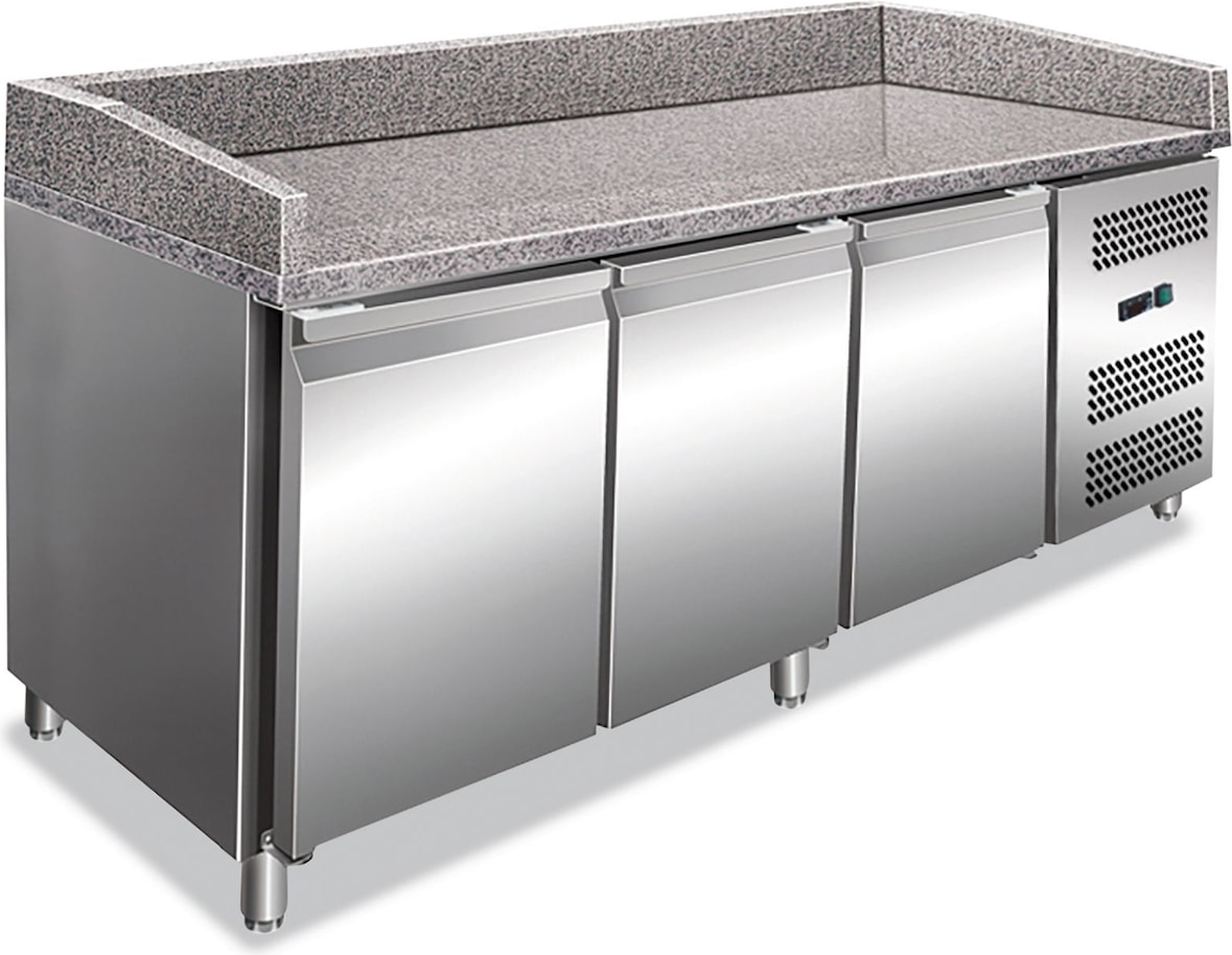 Pizzatheke mit 3 Türen. Platte aus Granit. Temperatur +2°C/+8°C. Automatische Abtauung. Maße LxBxH 202x80x100 cm. PZ3600TN