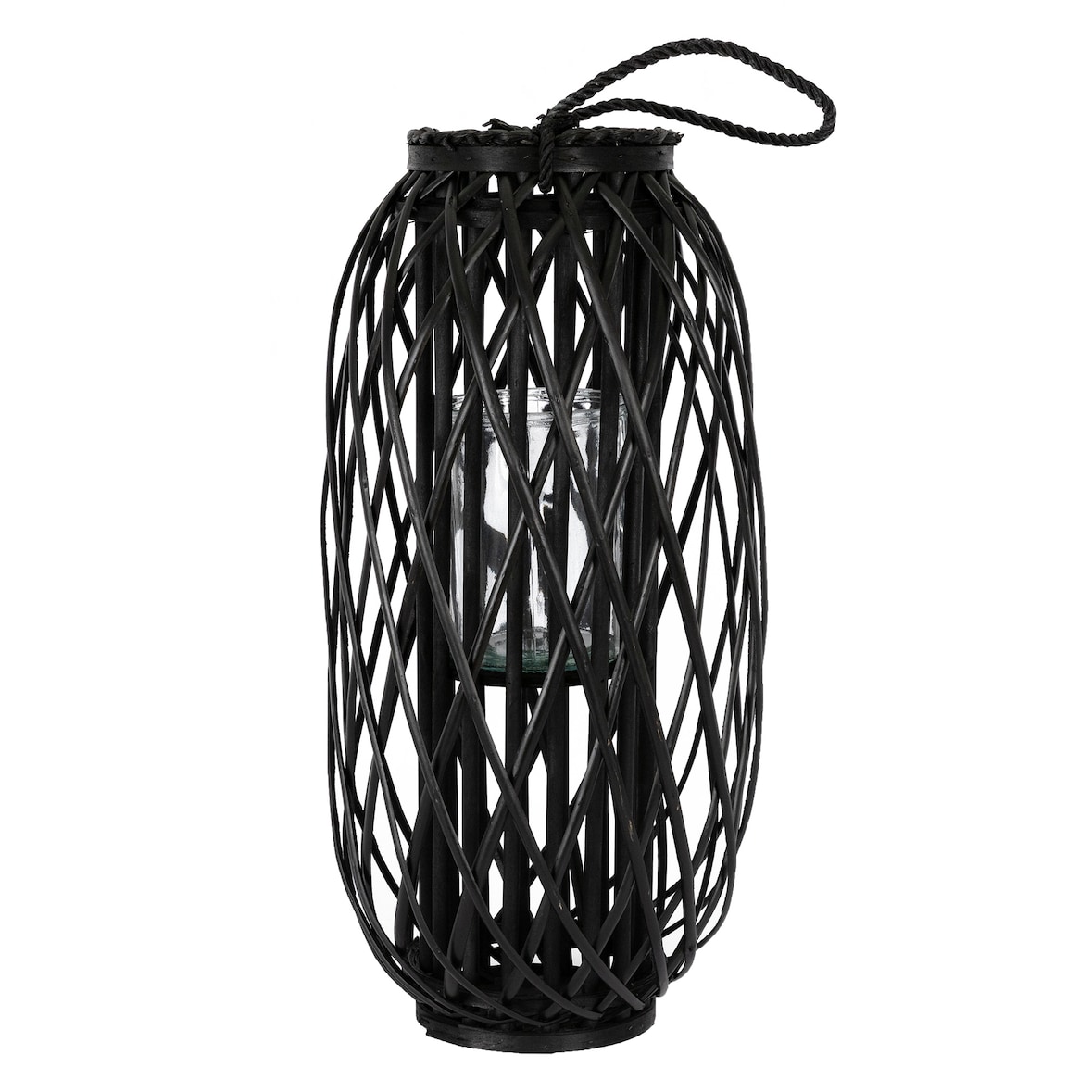 ECD Germany Laterne Ried 60xØ27 cm Schwarz, Seilfaser, Flechtoptik Rattan, mit Henkel & Glaseinsatz
