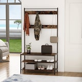 thumbnail of HOMCOM Cabide com sapateira Cabide com 12 ganchos Banco estilo industrial com 3 prateleiras Estrutura metálica 100x40x184 cm Castanho Rústico e Preto