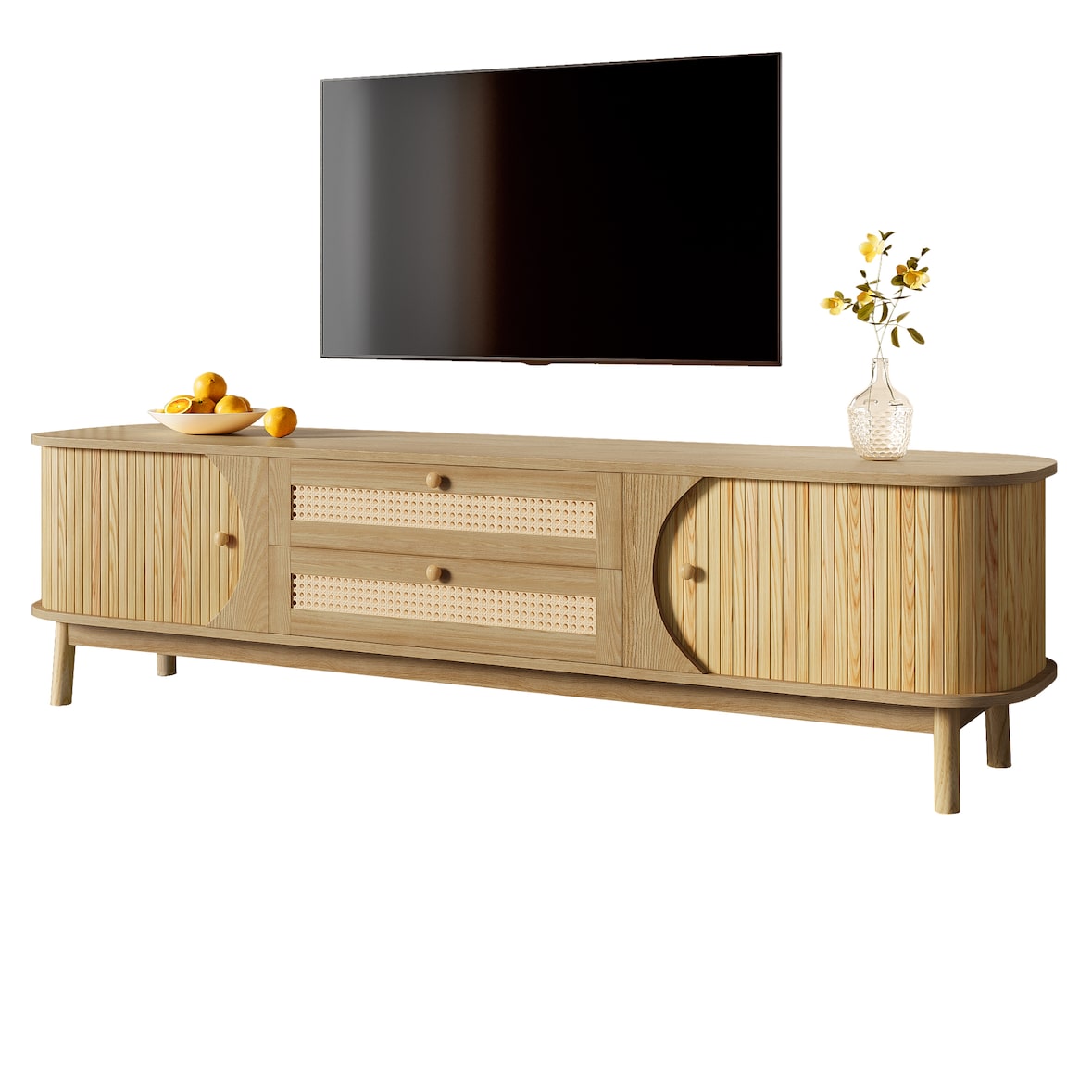 TV-Schrank Rattan Lowboard Massivholz Sideboard mit Türen und Schubladen 170x39,5x46 cm Holz Hellgelb Wohnzimmer Modern Natürlich