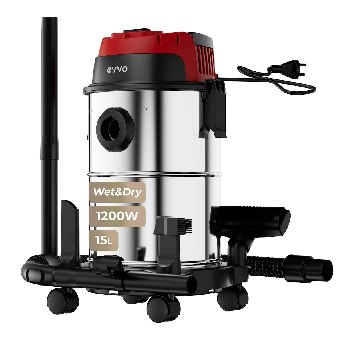 Aspirador Sólidos y Líquidos EVVO AE82, 1200W, 20L, Función Soplado y Filtro HEPA