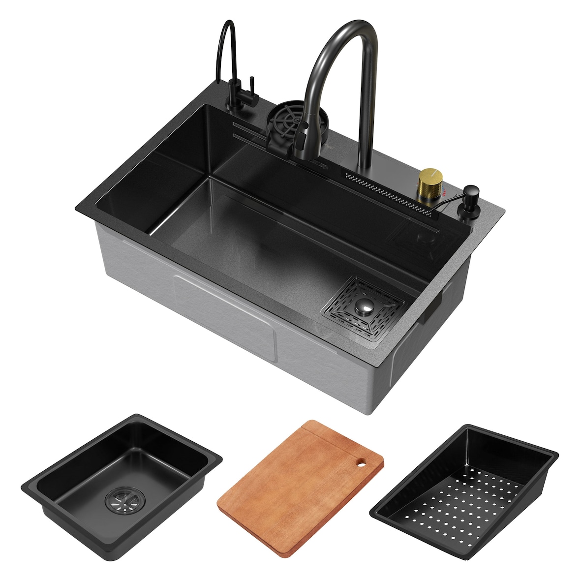 ML-Design Spülbecken Edelstahl 68 × 46 cm Anthrazit – Moderne Einbauspüle mit Wasserfall-Design, ausziehbarem Wasserhahn & Zubehör, rechteckig