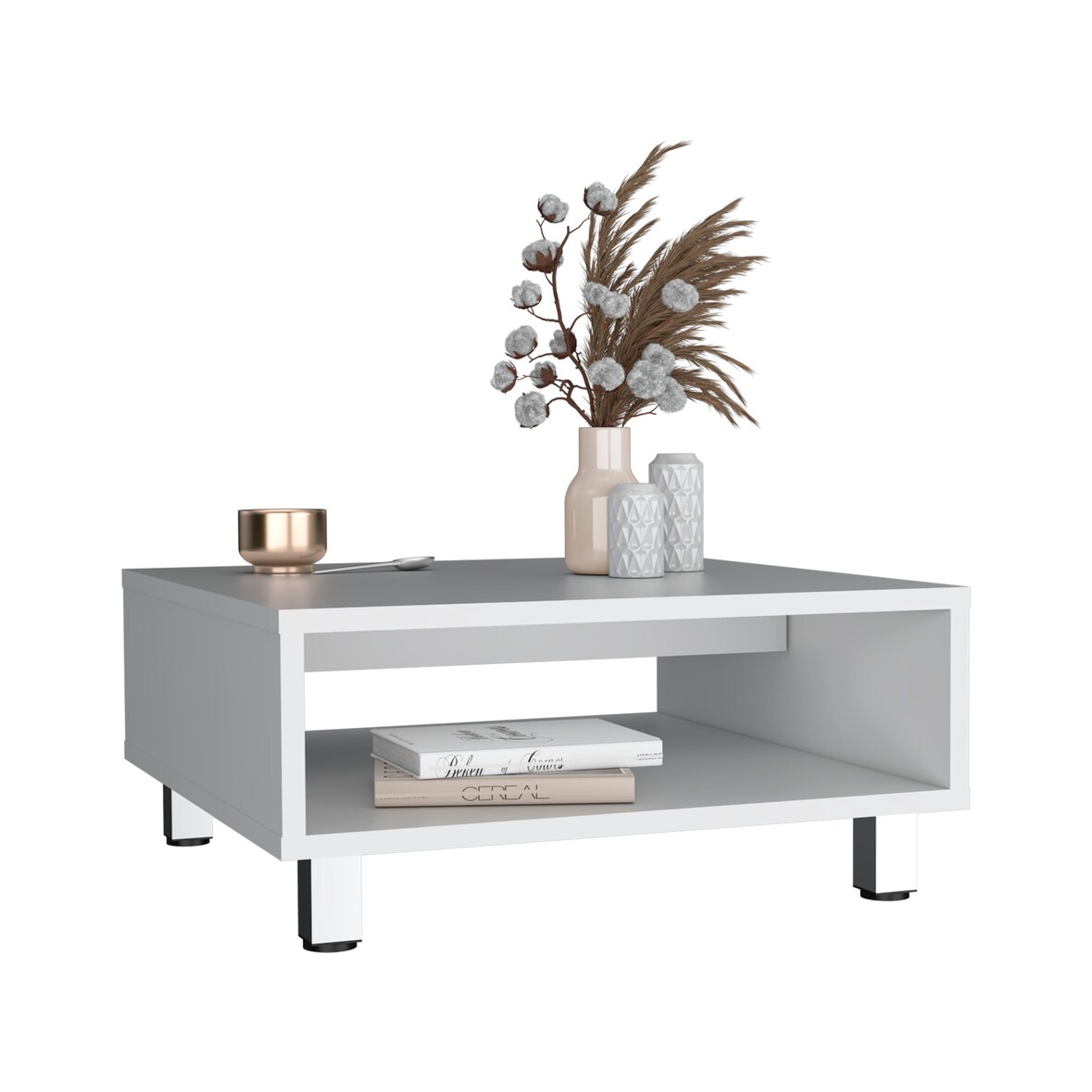 Mesa de centro Eclipse em melamina com prateleiras inferiores e 4 pés, branca, 26.9 cm X 60 cm X 60 cm