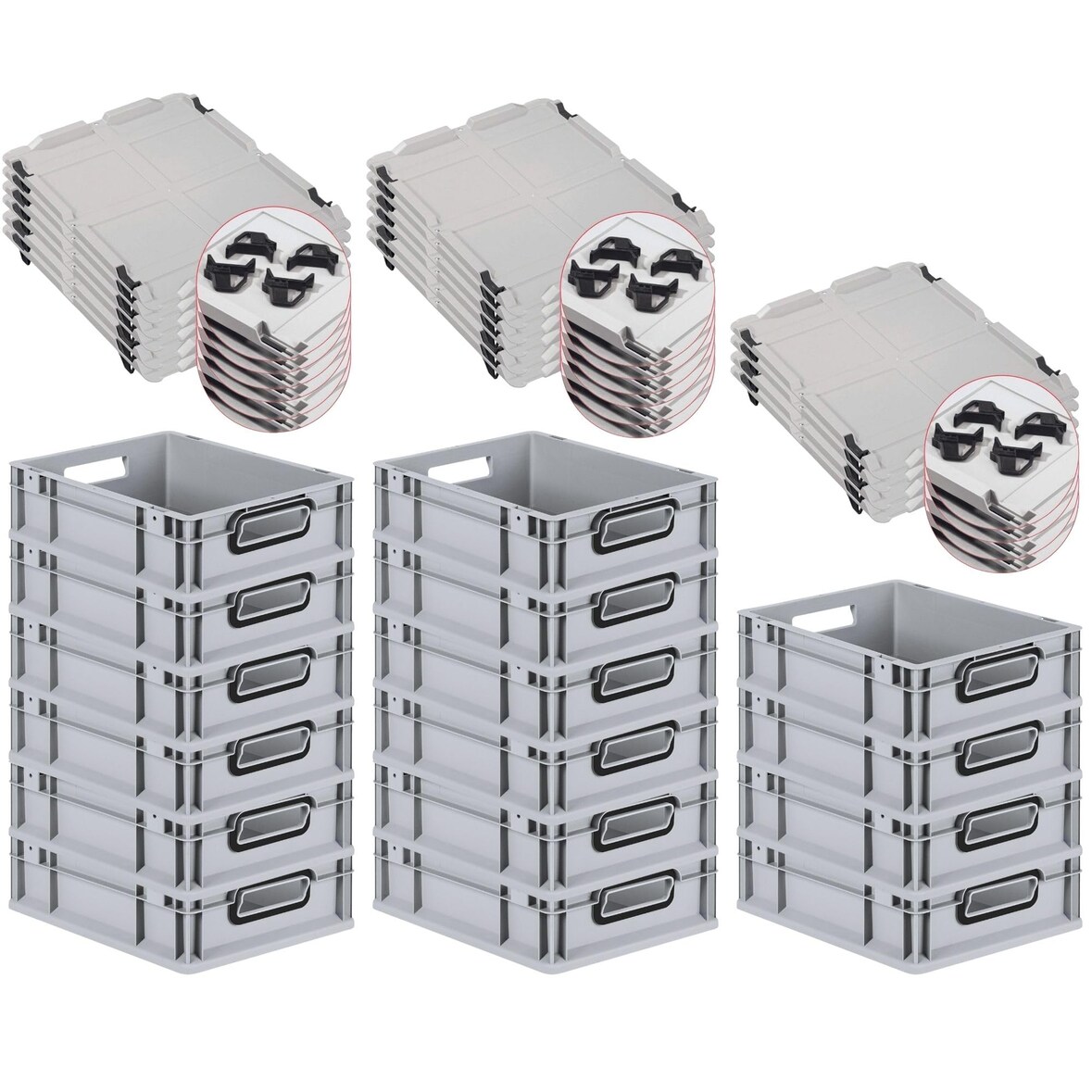 PROREGAL SuperSparSet 16x Eurobox NextGen Color mit Auflagedeckel & Verschlüsse, HxBxT 12x30x40cm, 11L, Grau, Griffe schwarz offen, Eurobehälter