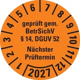 thumbnail of Dreifke® Prüfplakette BetrSichV §14,DGUV52,NP,2027,orange,Folie,Spezialkleber,Ø30mm,18 St/Bogen
