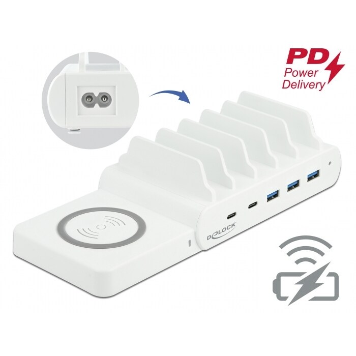 Delock 6 in 1 USB Ladestation mit Wireless Charger 2 x USB-C PD + 3 x USB A mit